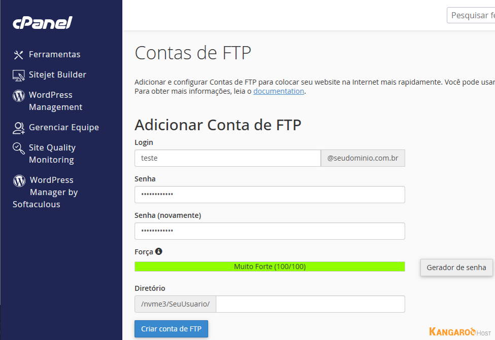 Criando usuário e senha FTP