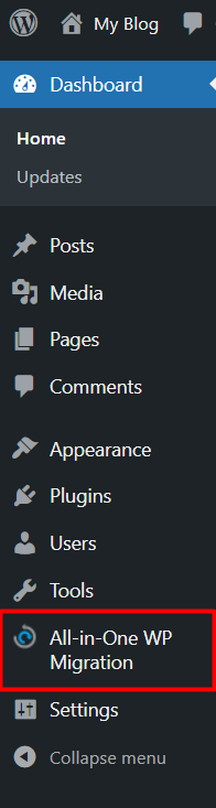 All in One WP Migration WordPress Admin