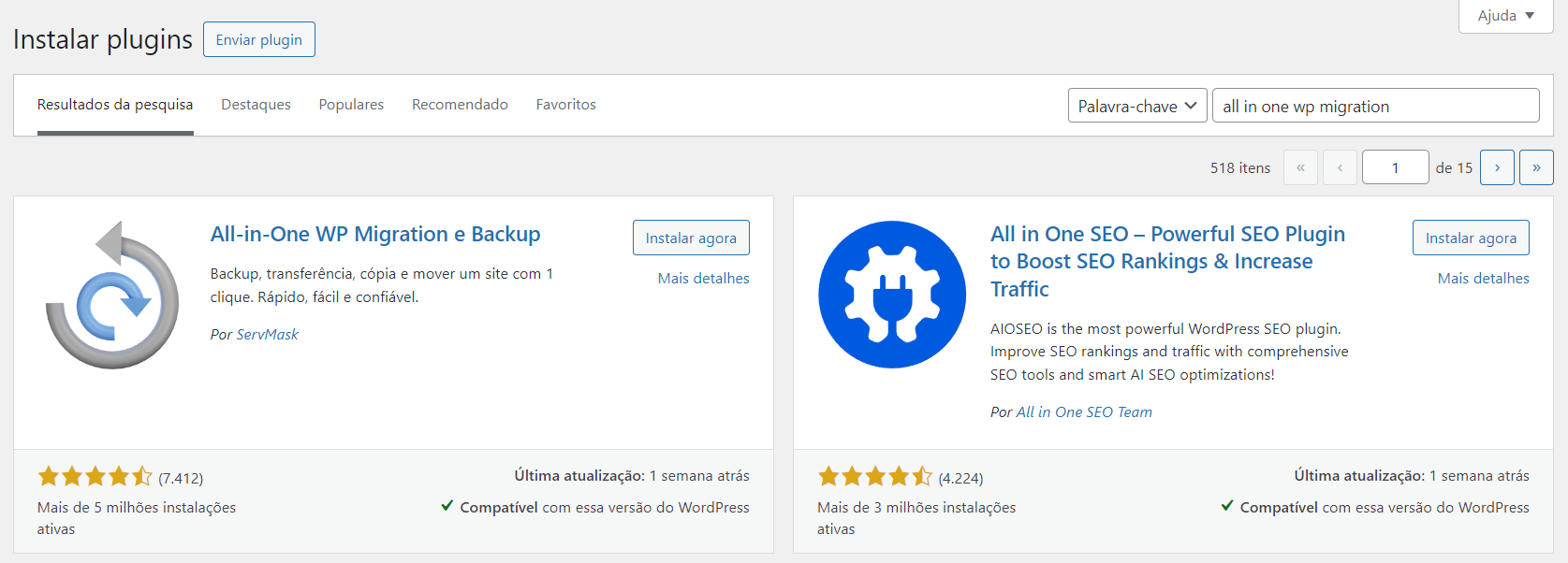 Instalar All in One WP Migration Backup no WordPress