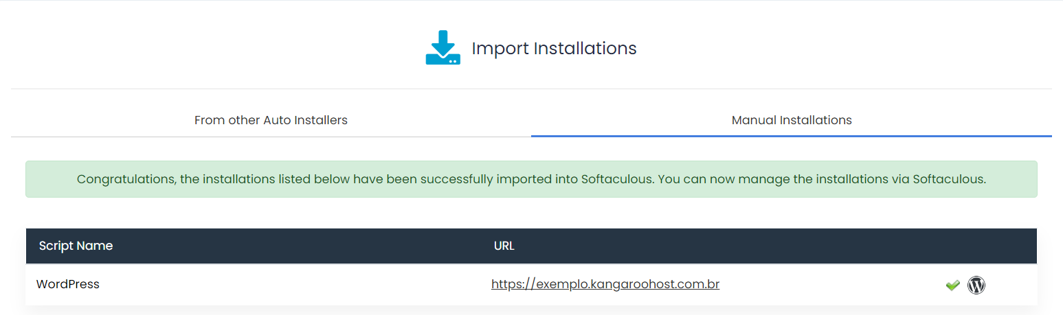 Instalacao wordpress importada sucesso softaculous