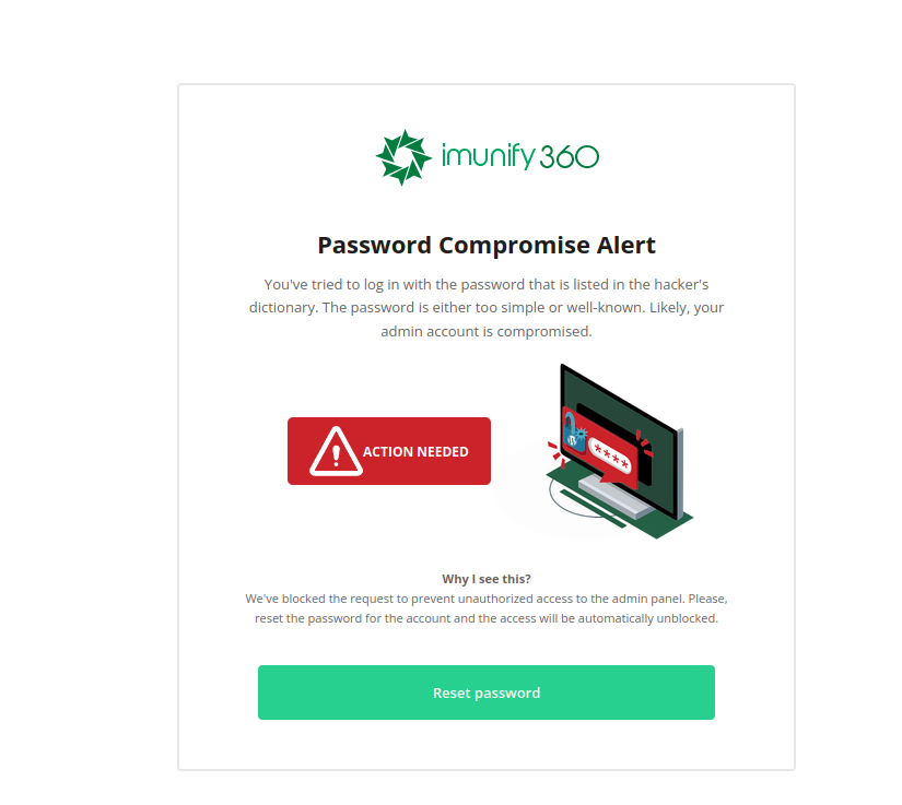 Aviso de senha insegura no WordPress pelo Imunify 360 Password compromise alert