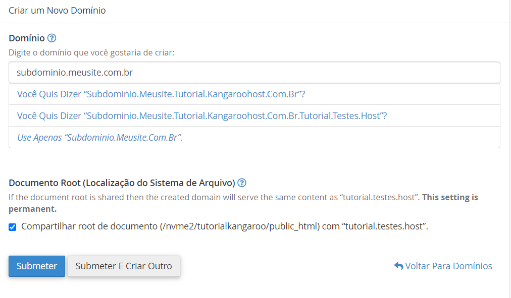 Criando subdominio cPanel